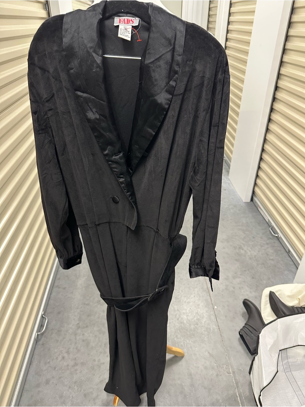 FADS Black Satin-Trim Velvet Belted Tux Jumpsuit